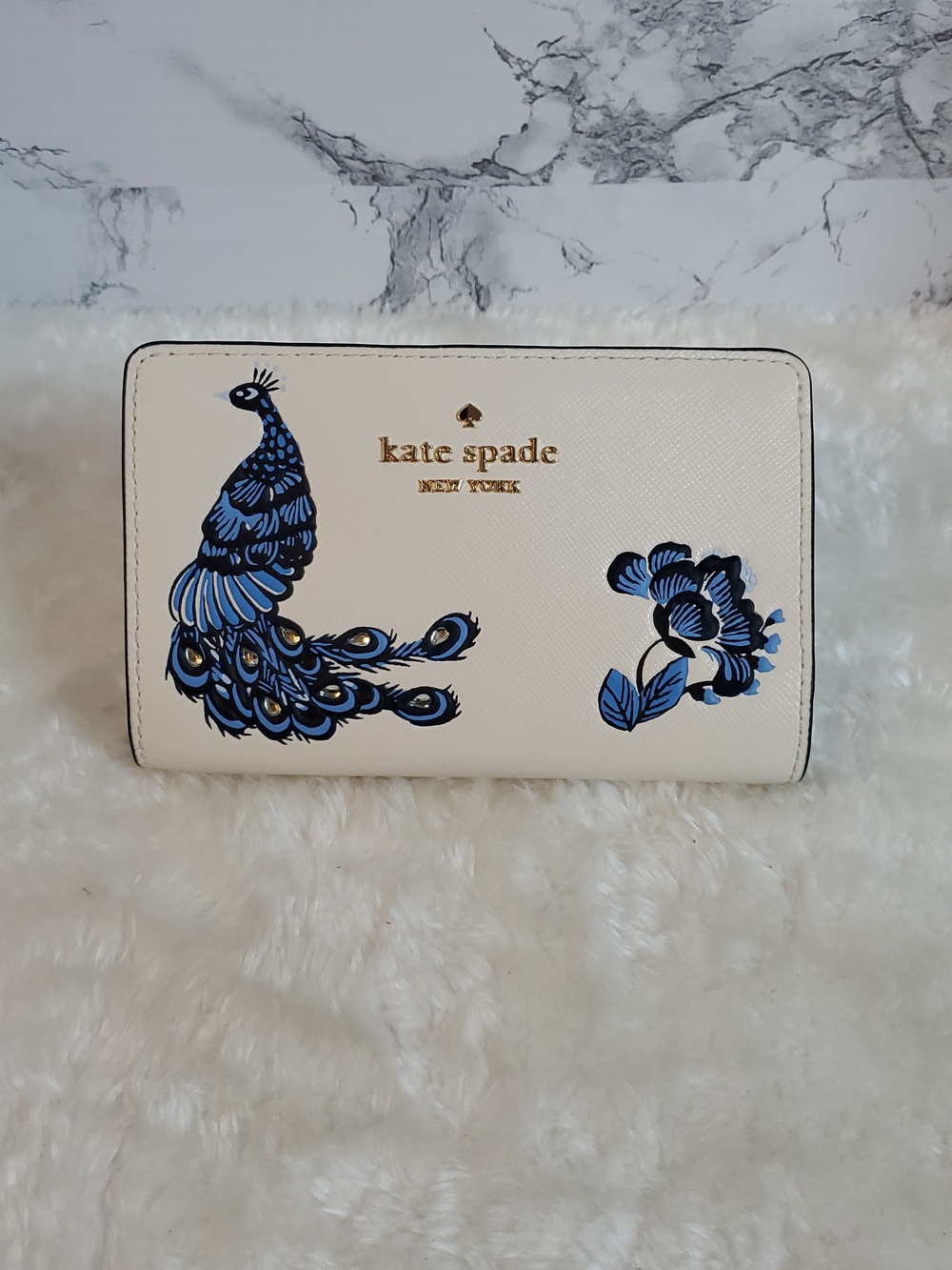 Kate Spade Perfect Plume Cream Medium Peacock Wallet with Rhinestone Accents